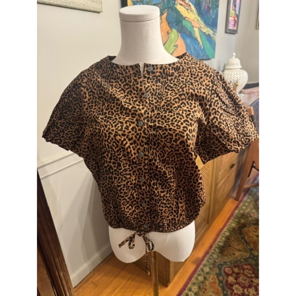 J.Crew Womens Leopard Print Puff Sleeve Button Front Drawstring Top Small Brown